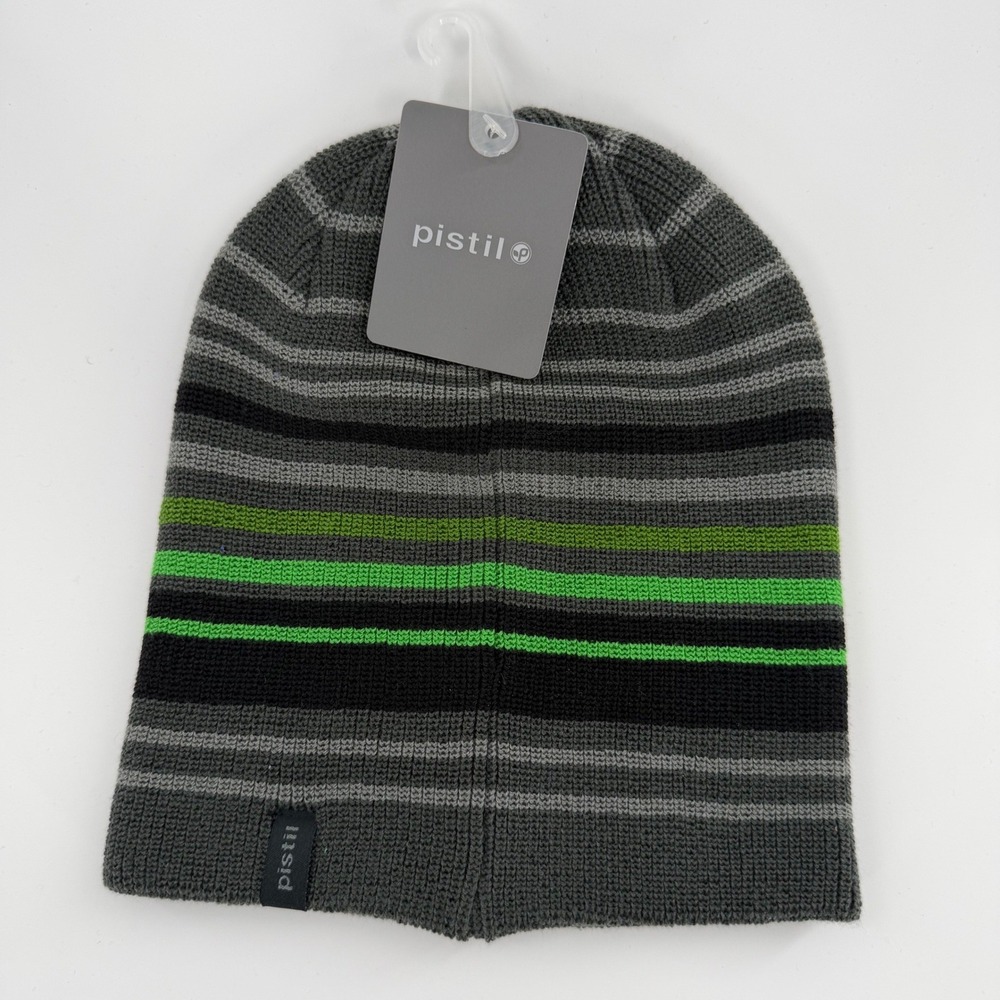 Pistil Mens Striped Knit Beanie Hat Grey Black Lime Green One Size NWT
